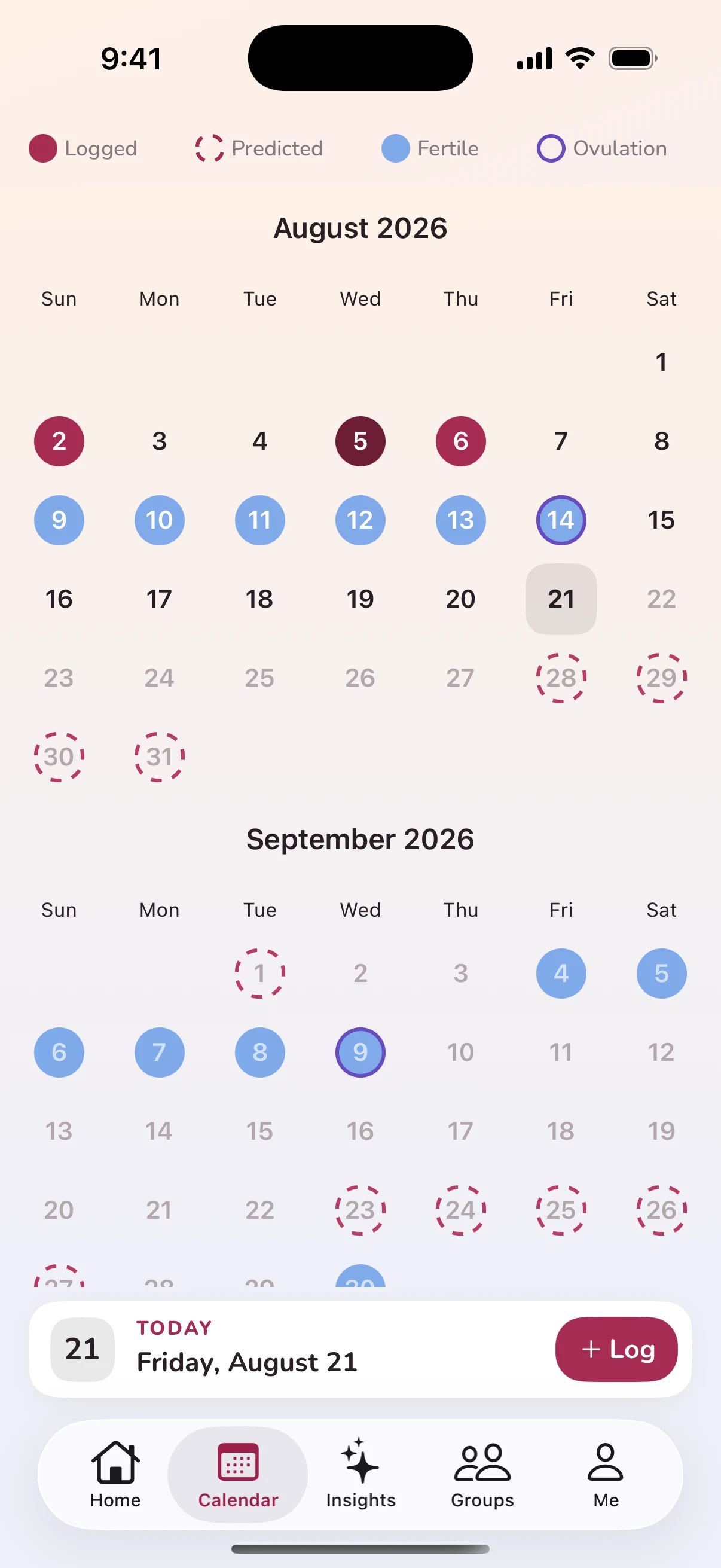 Plum's calendar for August and September 2026 marking logged period days, predicted period days, the fertile window and ovulation.