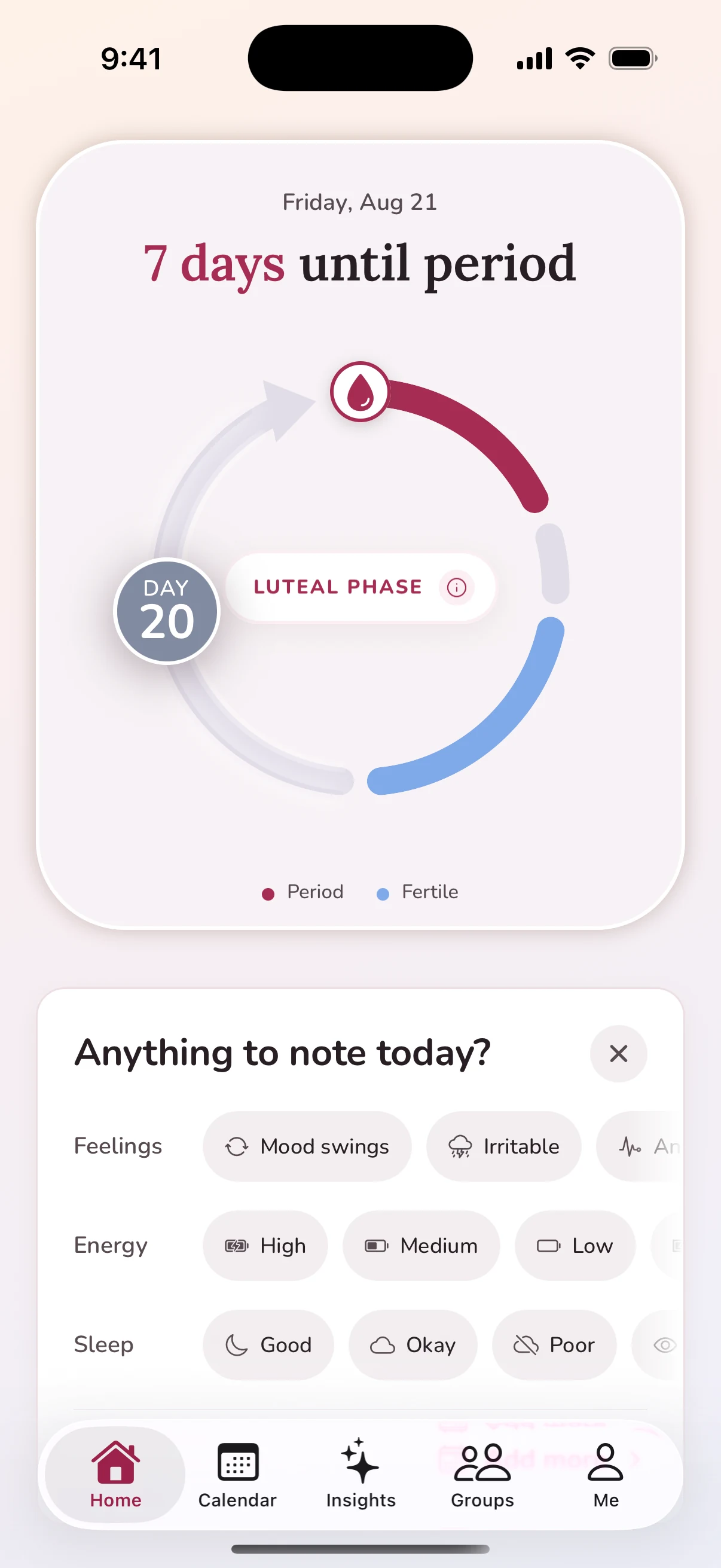 Plum's home screen: a cycle ring on day 20 in the luteal phase, 7 days until the next period, and quick chips for feelings, energy and sleep.