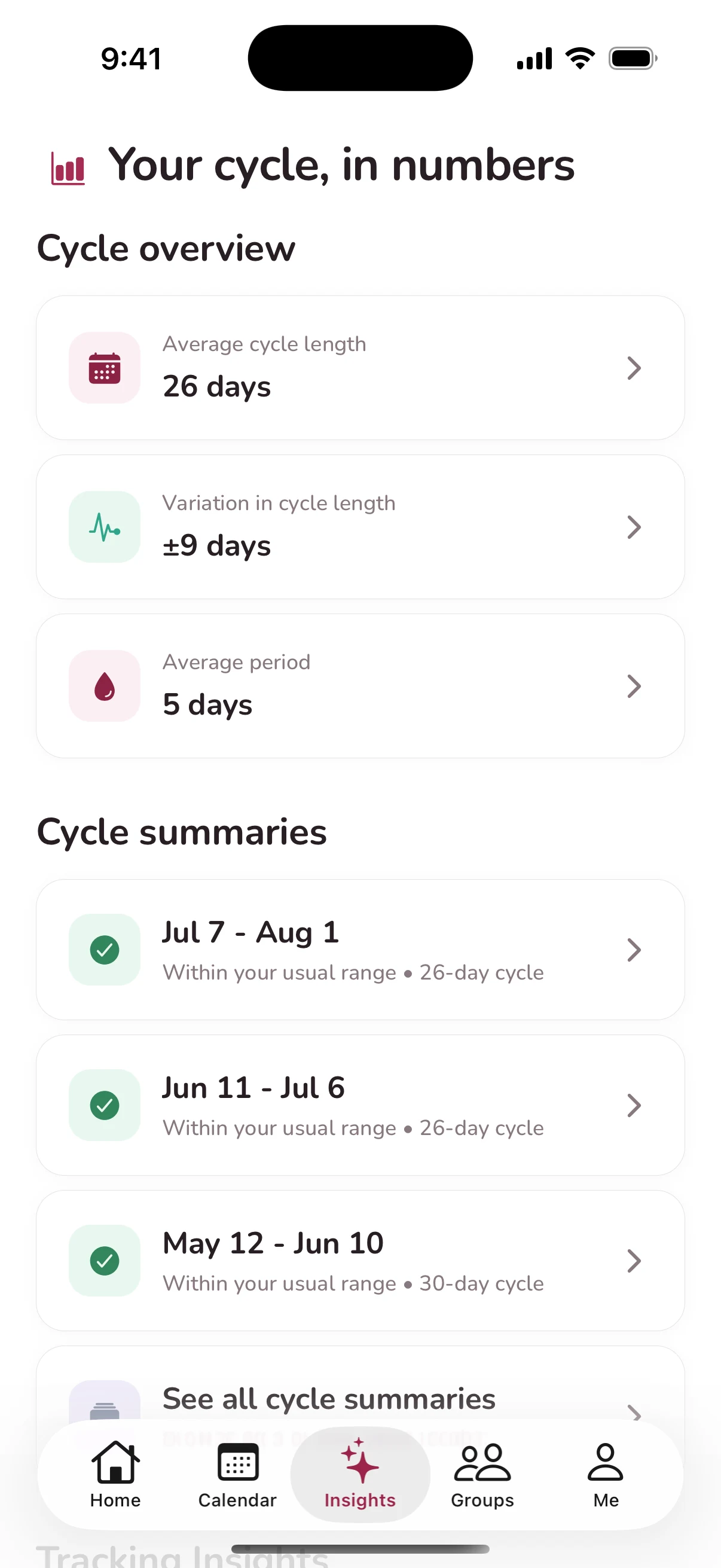Plum's Insights tab: average cycle length 26 days, variation of plus or minus 9 days, average period 5 days, and a list of cycle summaries.